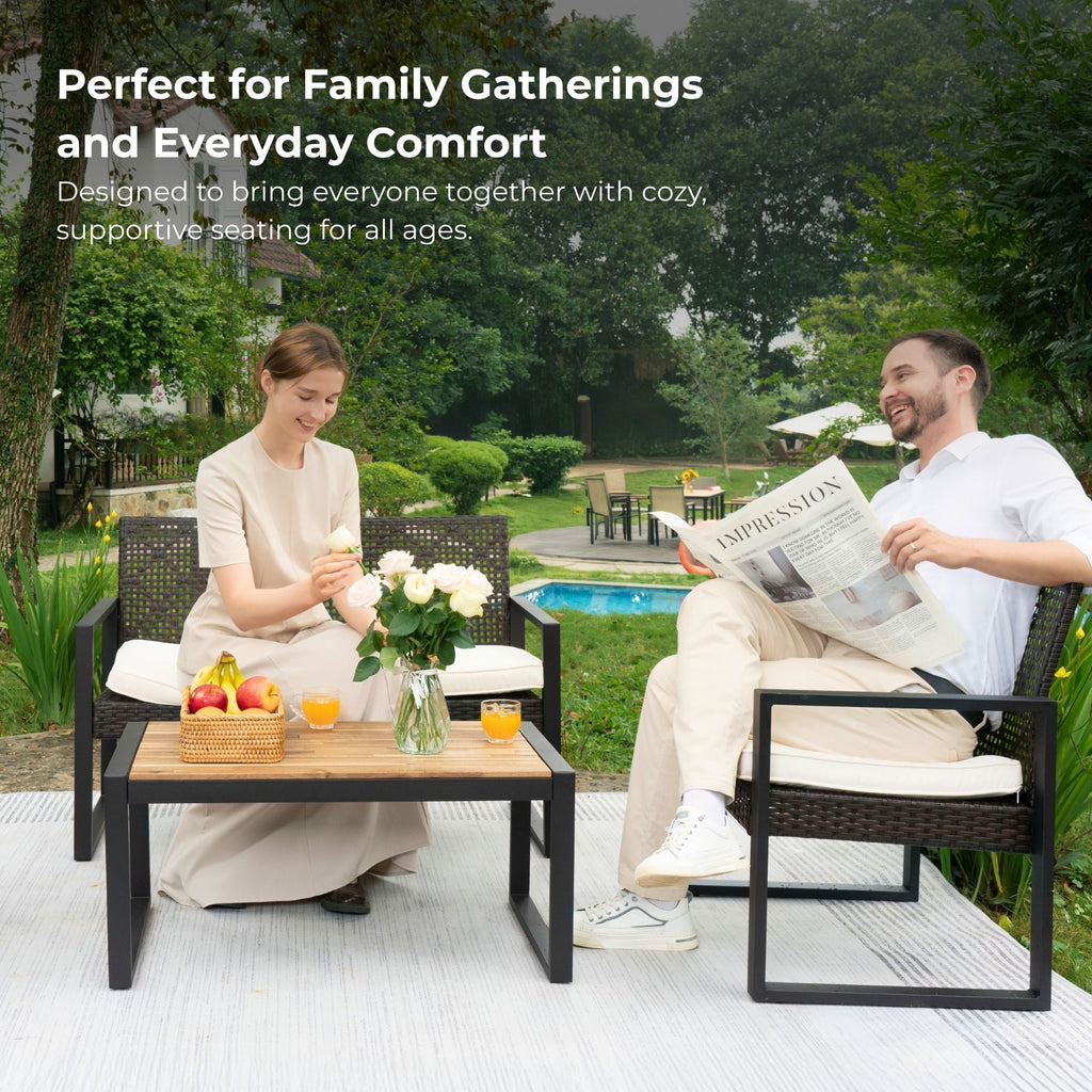 Anthony & Home acacia wood patio set with wicker frame and beige cushions for outdoor seating and dining.