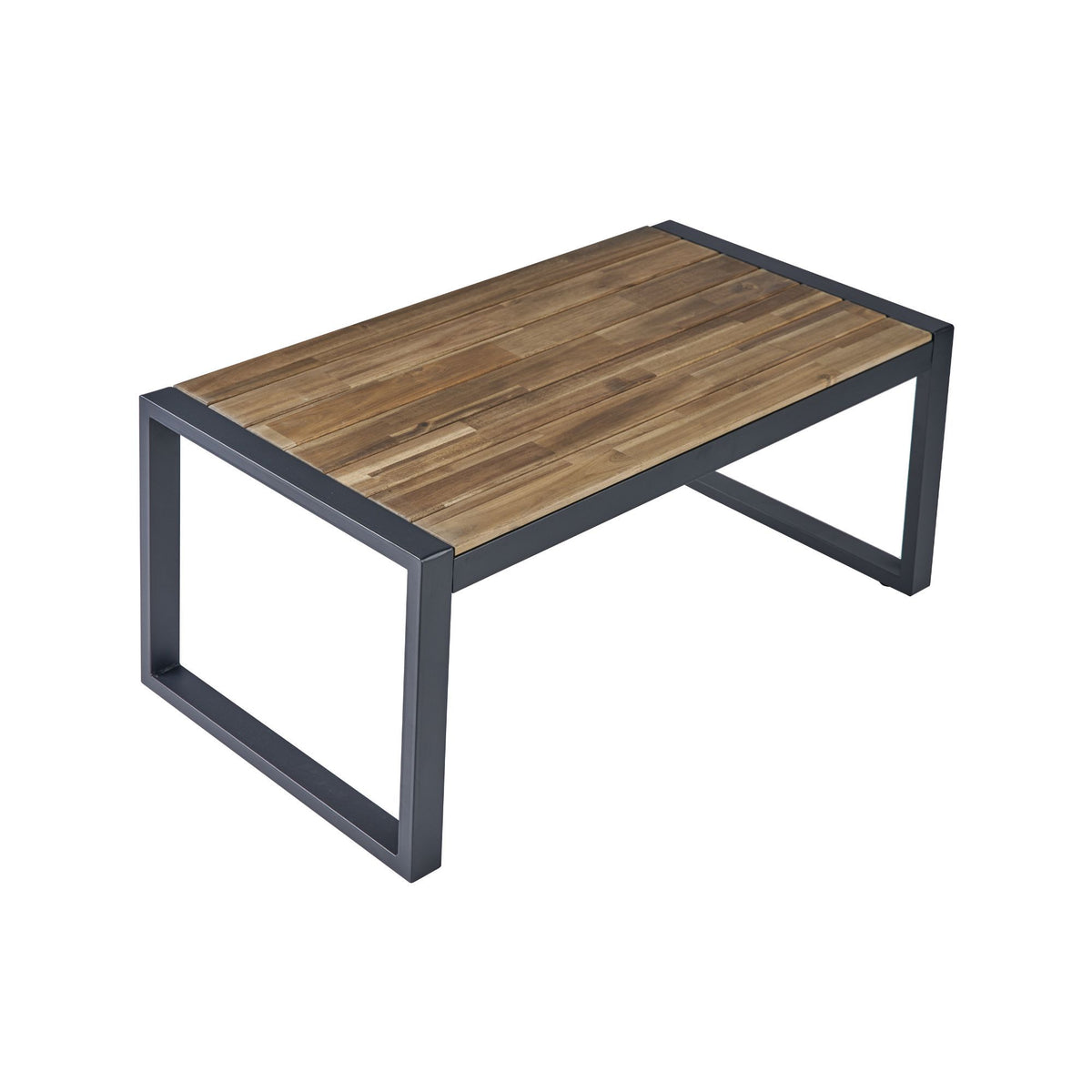 Acacia wood top patio table with wicker frame and beige cushions, outdoor Anthony & Home garden furniture set