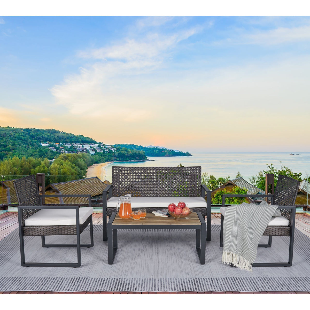 Acacia wood top patio dining set with wicker frame and beige cushions from Anthony & Home outdoor collection.