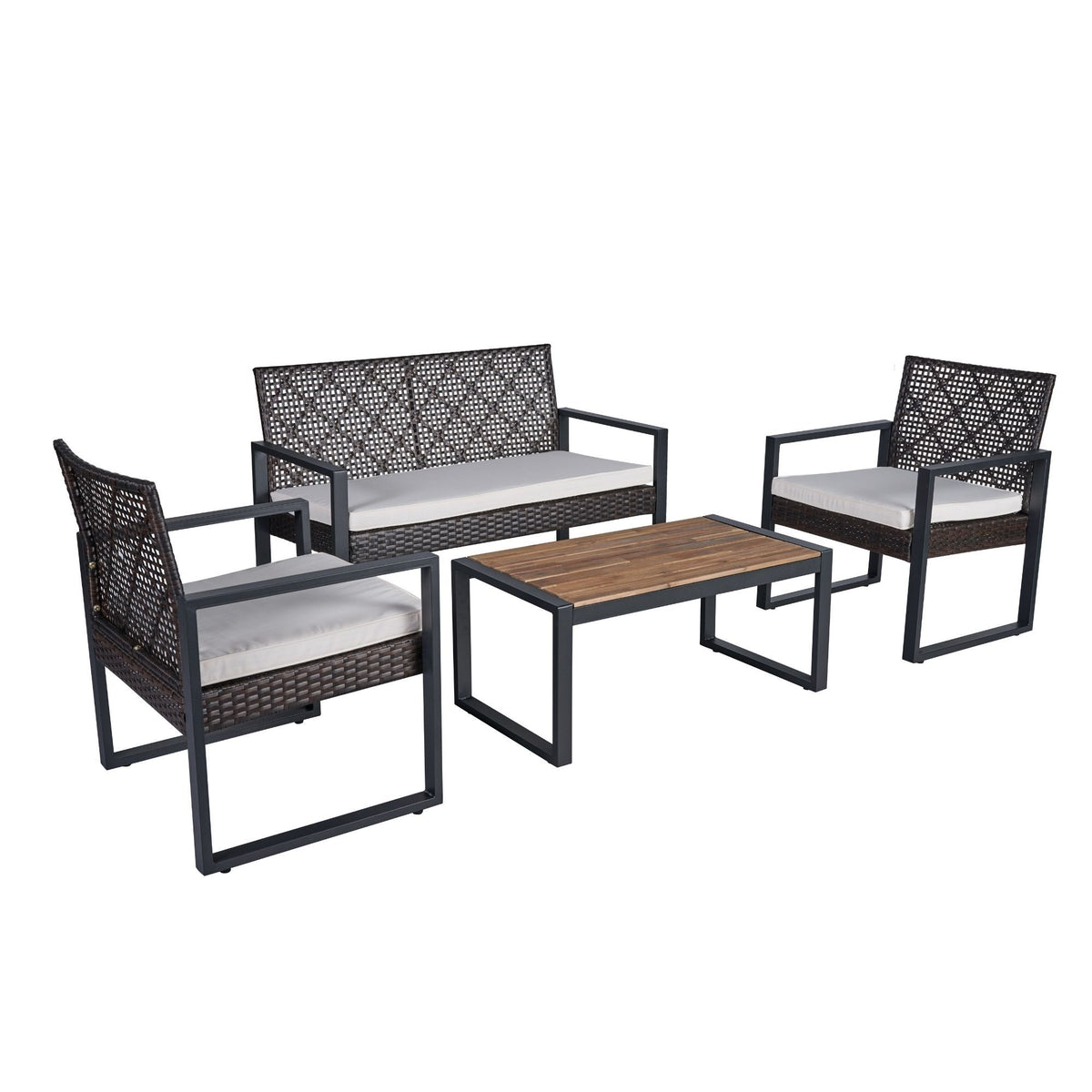 Acacia wood patio table and chairs set with wicker frame and beige cushions from Anthony & Home outdoor collection.