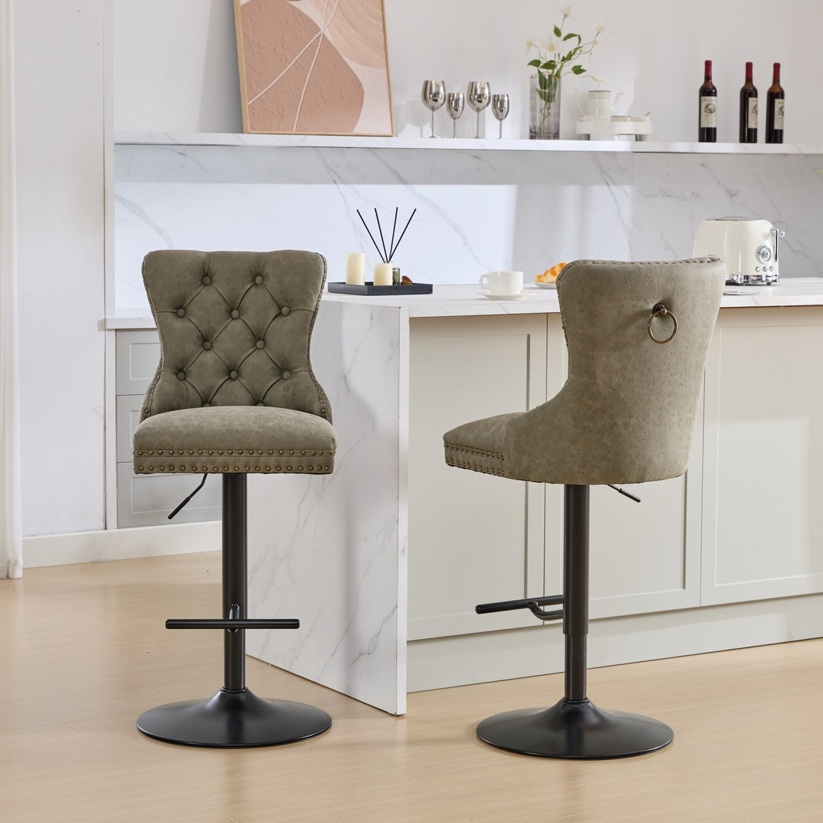 Pair of aged retro PU leather bar stools from Anthony & Home, vintage-inspired seating with metal legs and padded seats.