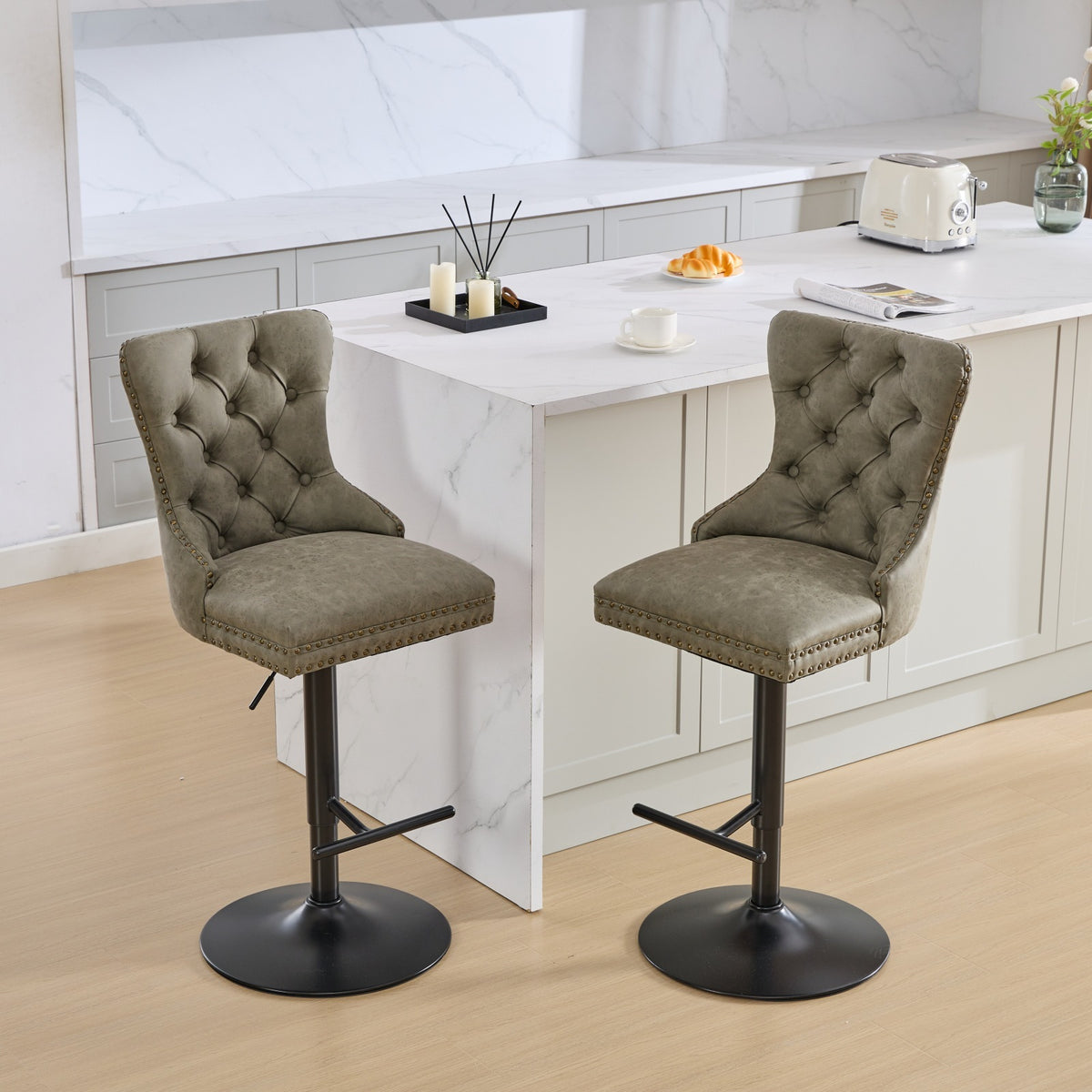 Pair of aged retro-style PU leather bar stools by Anthony & Home, featuring vintage design and sturdy metal legs.