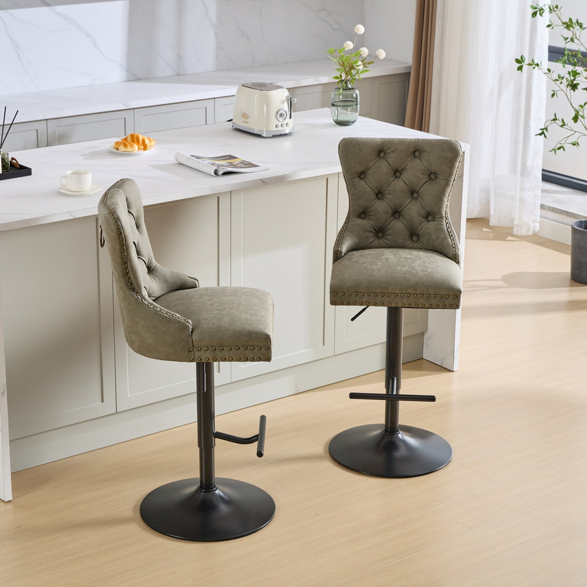 Pair of aged retro PU leather bar stools from Anthony & Home with vintage-style design, set of two with wooden legs.