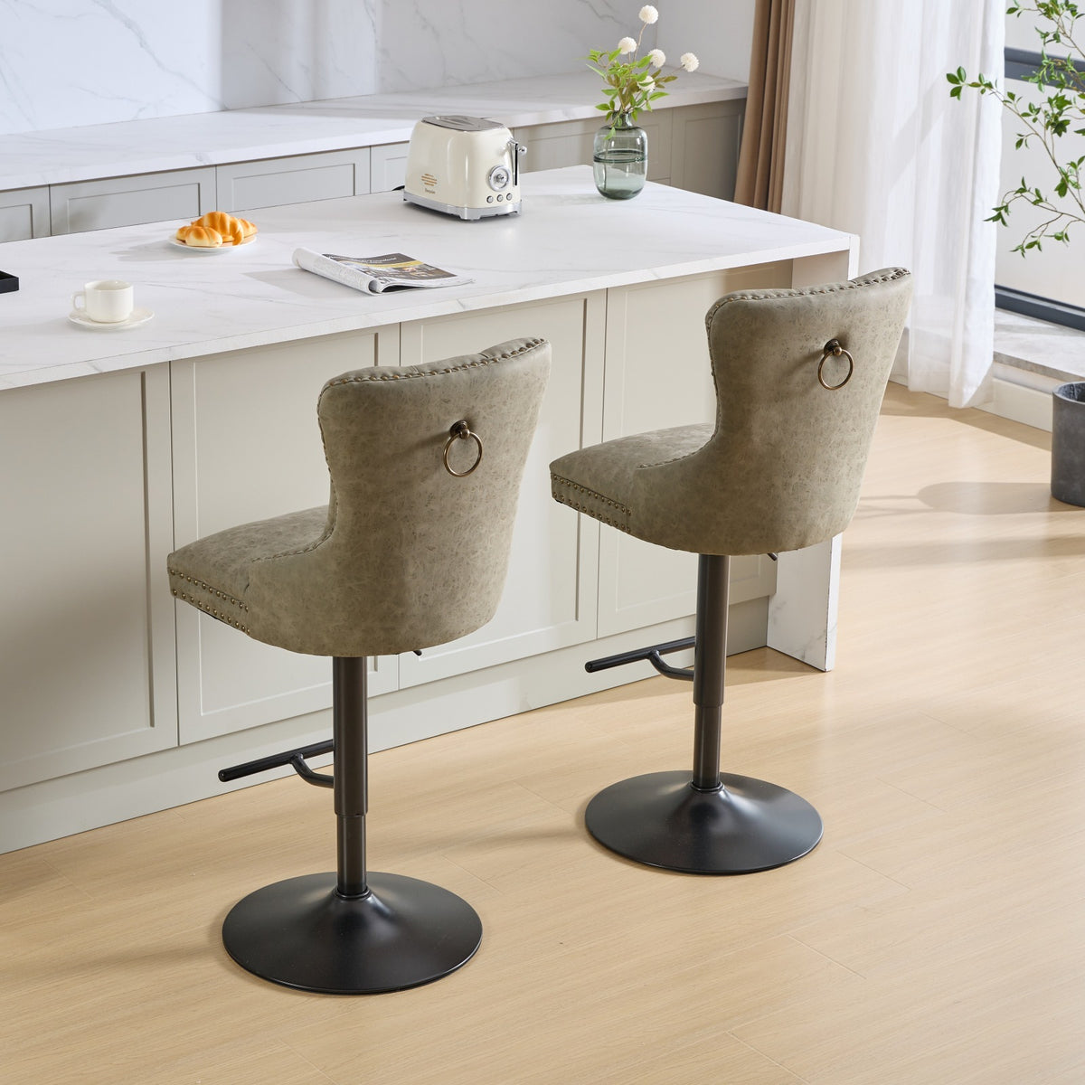 Aged retro-style PU leather bar stools from Anthony & Home set of 2 with vintage finish and modern metal legs.