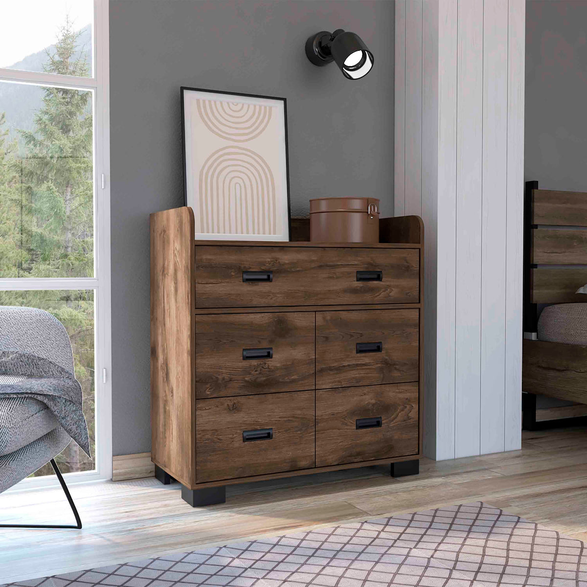 Dark brown Alyn dresser with four drawers from Anthony & Home's Modern Boutique Collection, showcasing sleek, quiet luxury design.