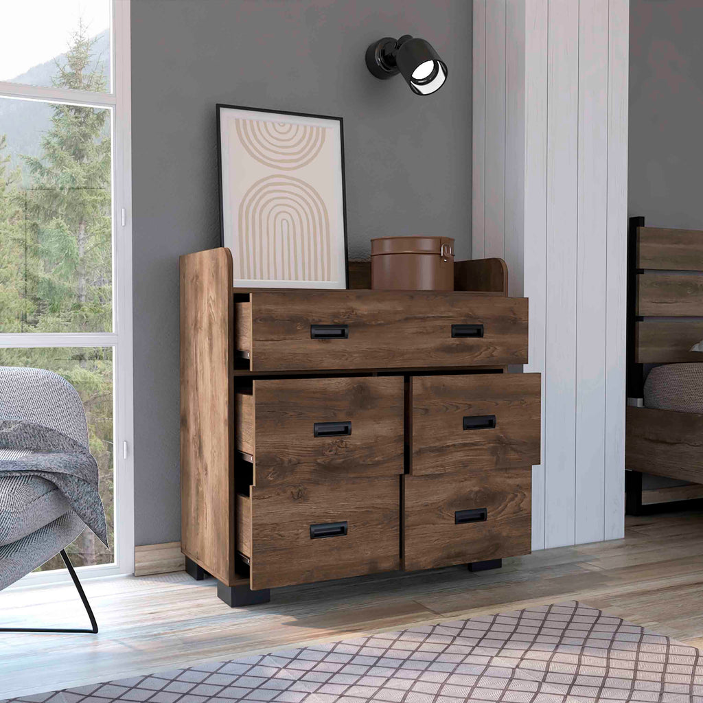 Dark brown Alyn dresser with four drawers from Anthony & Home's Modern Boutique Collection, showcasing sleek, contemporary design.