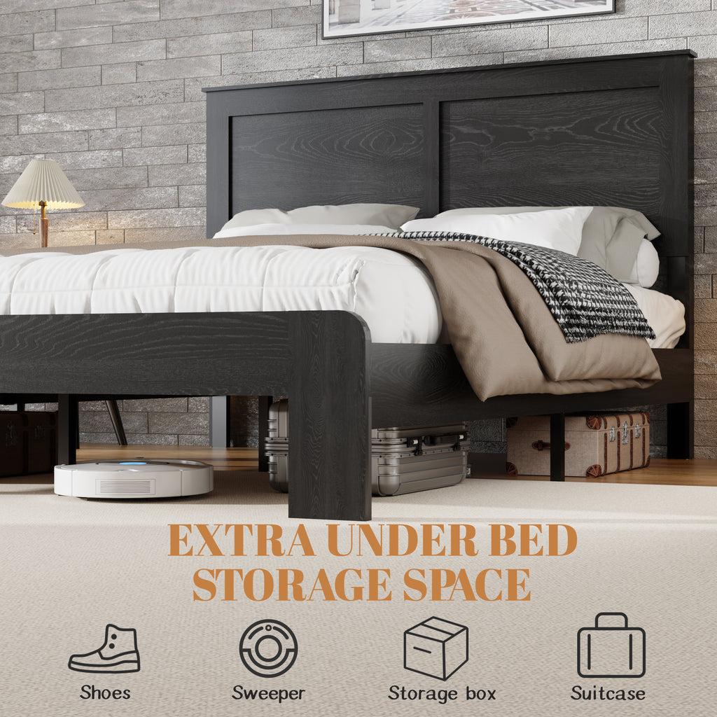 Antique black Studio Platform King Bed Frame by Anthony & Home with sturdy wooden slats and classic design.