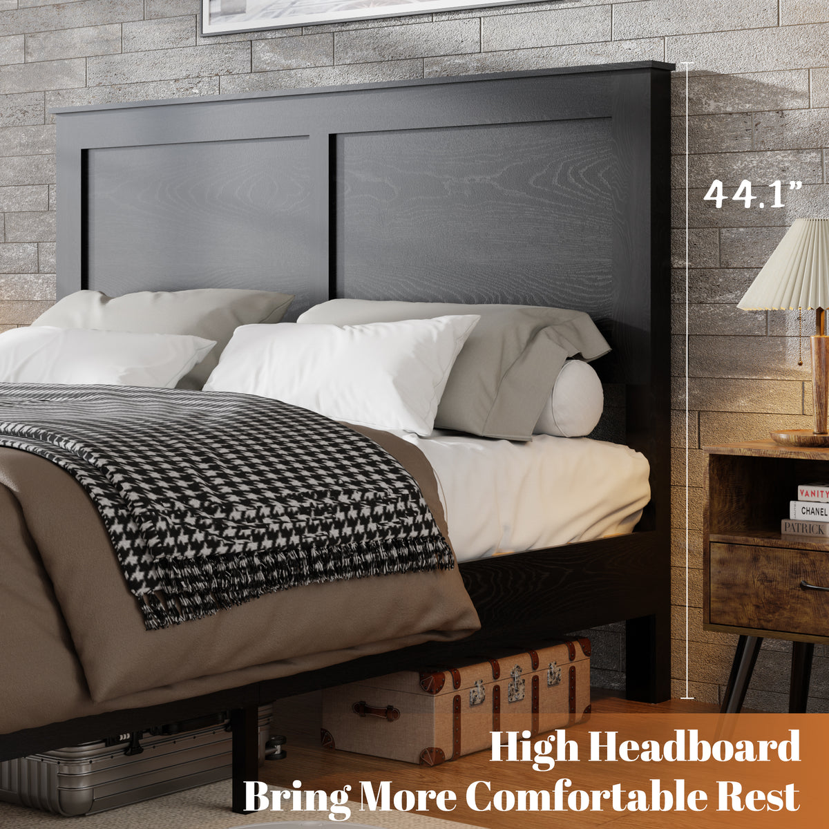 Antique black studio platform king bed frame by Anthony & Home, showcasing a sturdy metal design and elegant vintage style.
