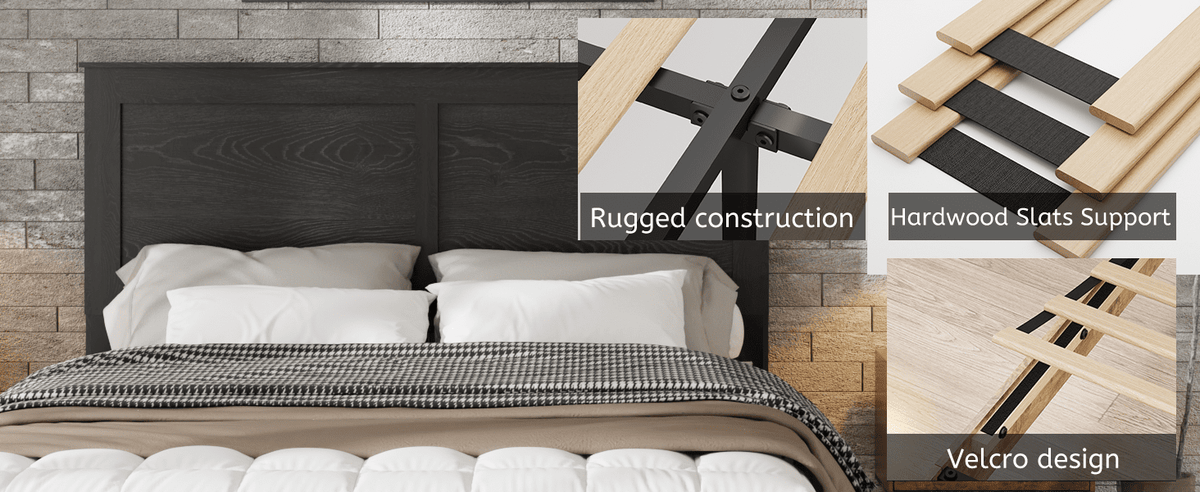 Antique black Anthony & Home studio platform king bed frame with sleek design and sturdy structure, shown in a bedroom setting.