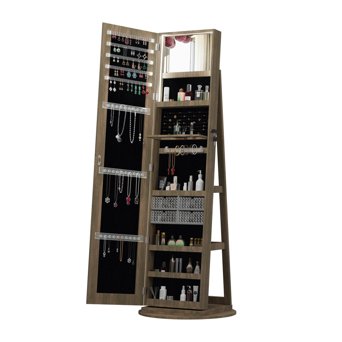 Antique brown Anthony & Home 360-degree swivel jewelry armoire with multiple compartments and mirror for jewelry storage.