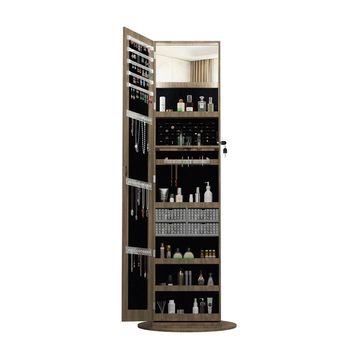 Antique brown Anthony & Home 360-degree swivel jewelry armoire with multiple compartments and a mirrored front.