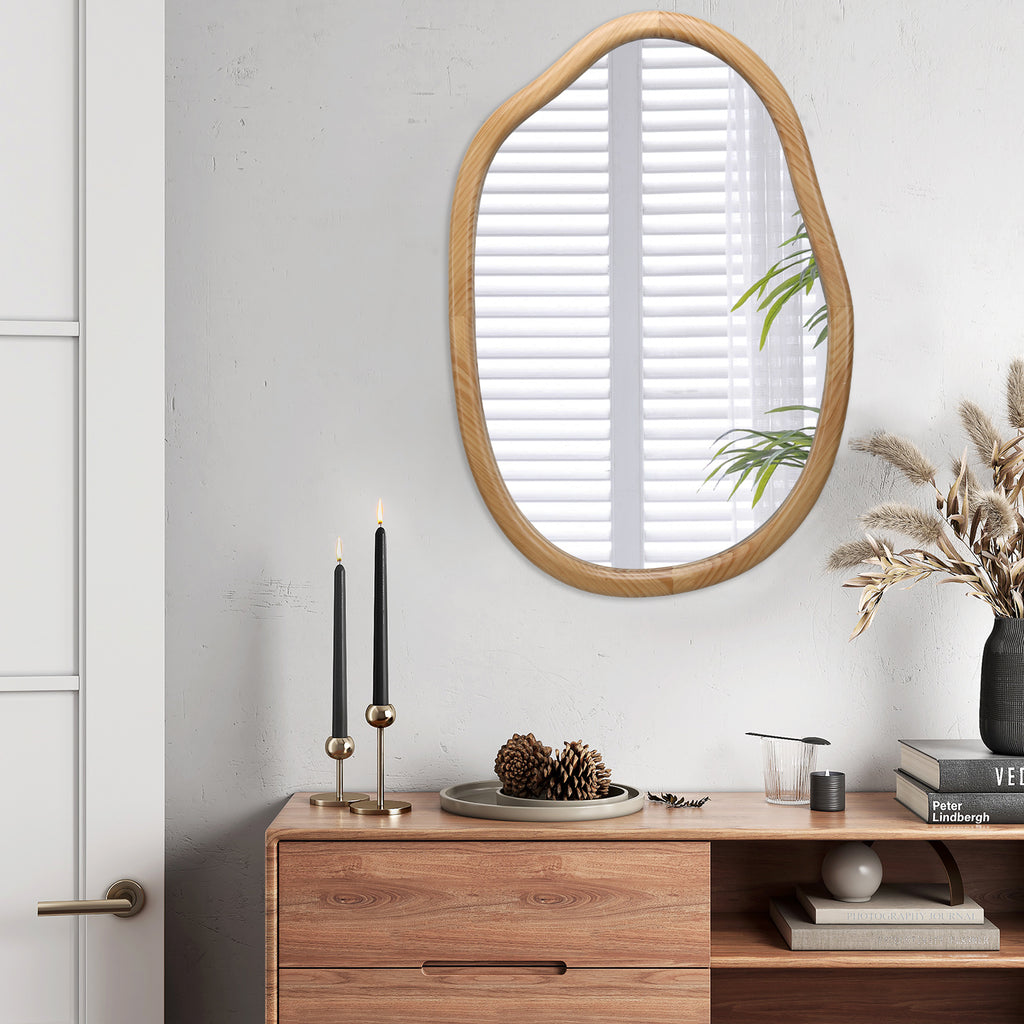 Antique Natural Wave Wall Mirror by Anthony & Home featuring a rustic, wave-shaped wooden frame and clear reflective glass.