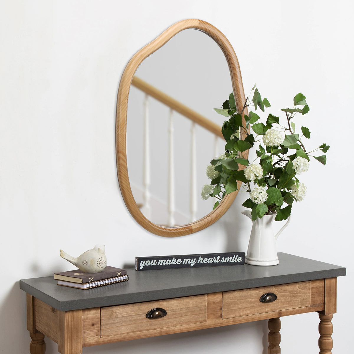 Antique Natural Wave Wall Mirror by Anthony & Home with a vintage-inspired curved wooden frame.