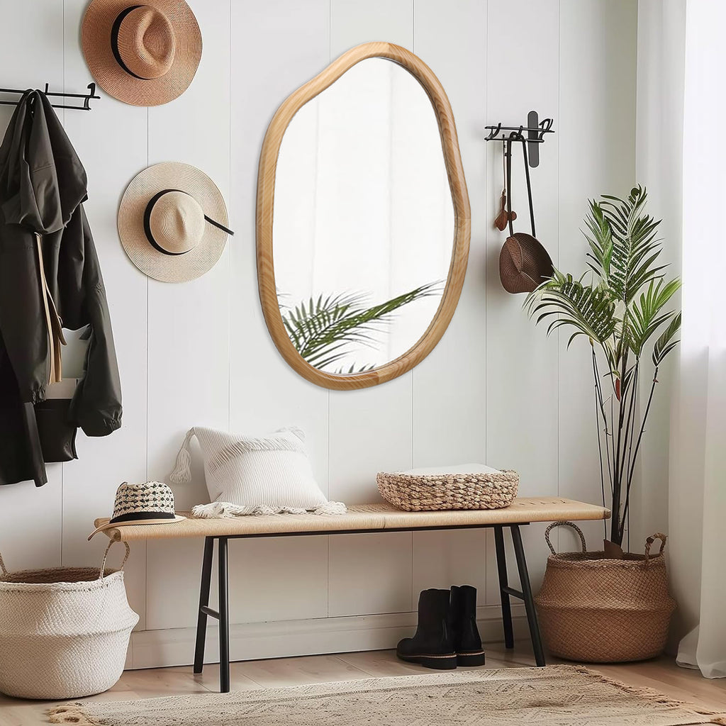 Antique Natural Wave Wall Mirror by Anthony & Home showcasing a vintage-style, curved design with a wooden frame.