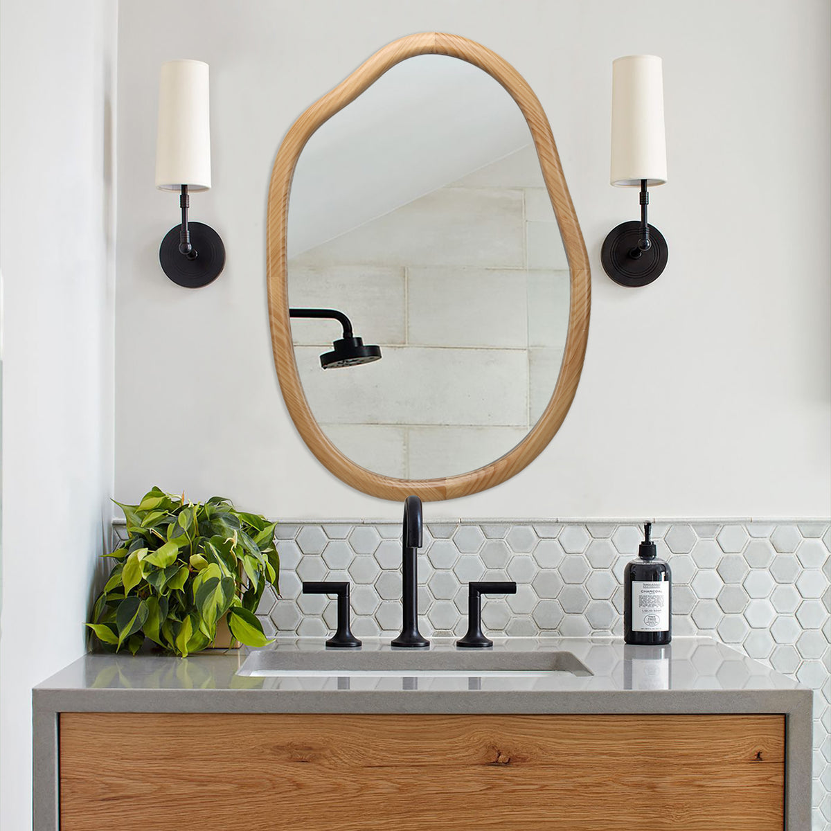 Antique Natural Wave Wall Mirror by Anthony & Home featuring a handcrafted, organic-shaped wooden frame and reflective glass surface.