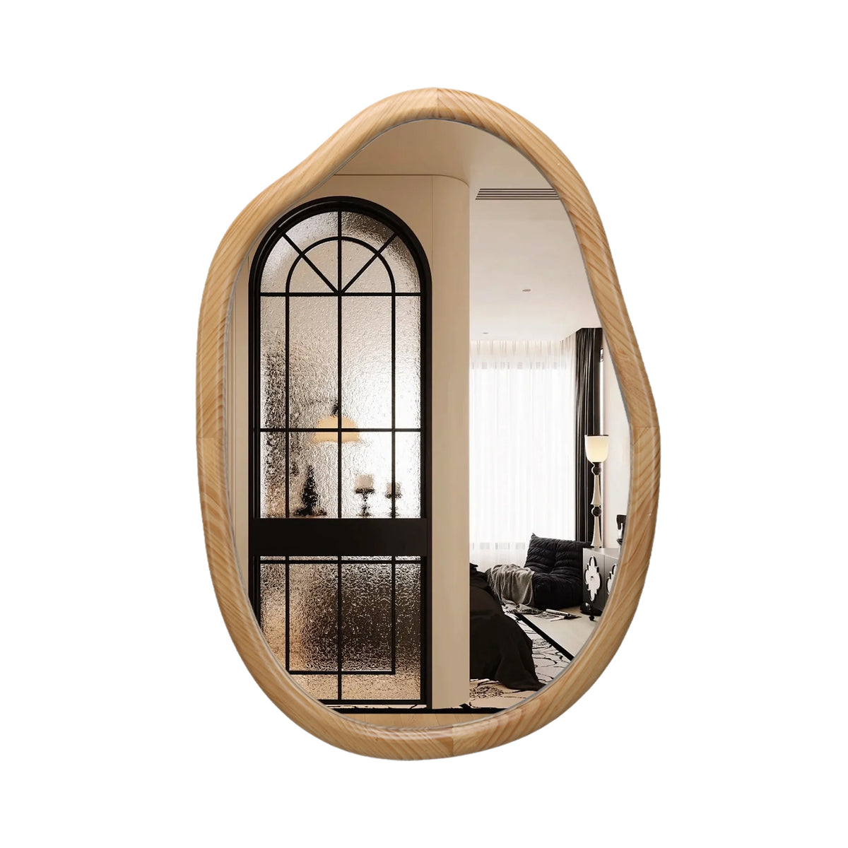 Antique natural wave wall mirror by Anthony & Home with a vintage wooden frame and elegant curved design.