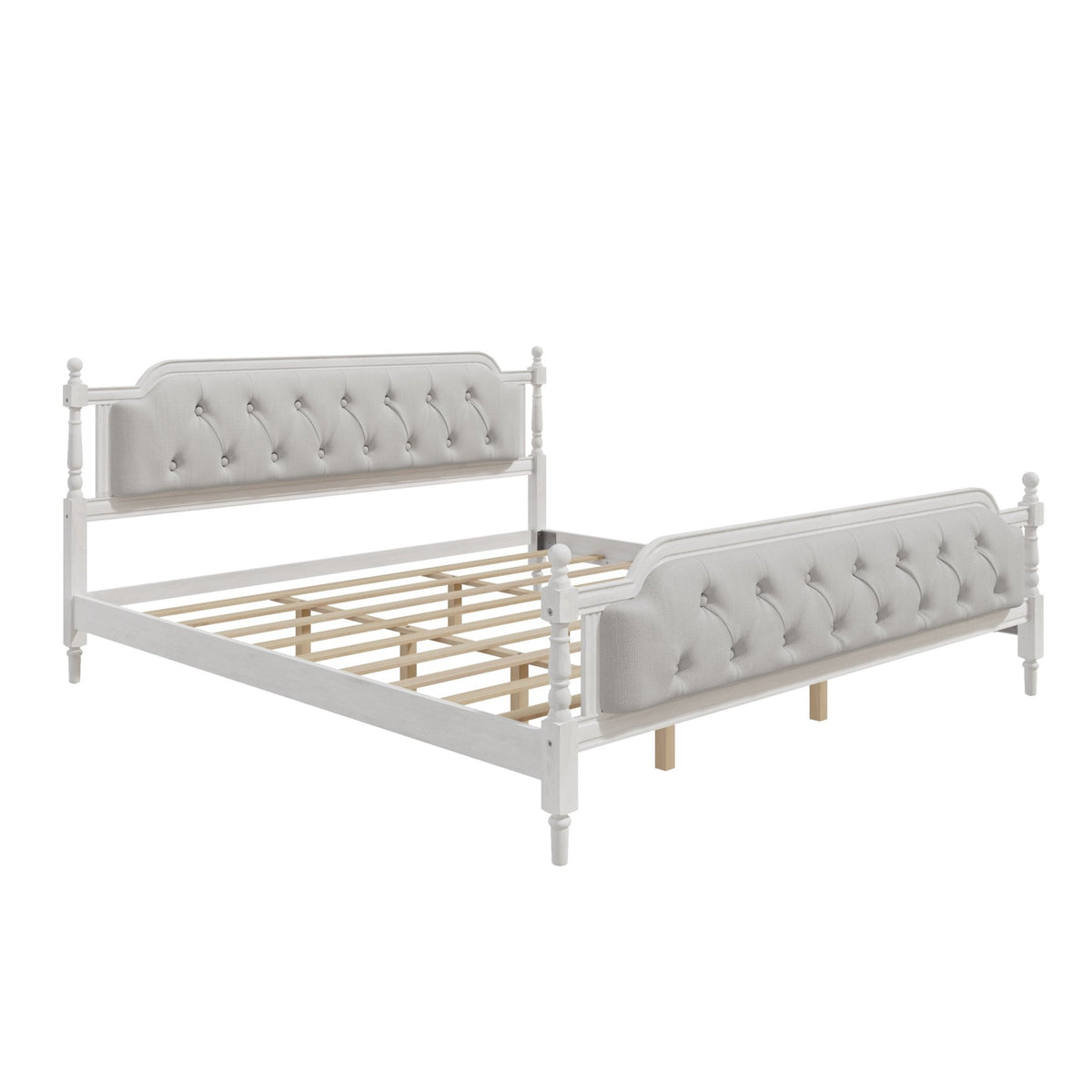 Antique white king bed frame with linen tufted headboard and carved wooden details, showcasing elegant bedroom furniture from Anthony & Home.