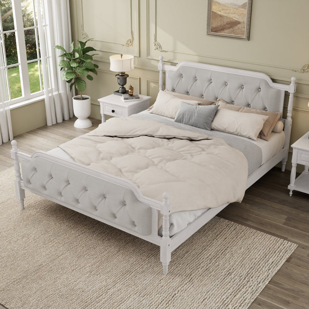 Antique white king bed frame with linen tufted headboard from Anthony & Home, showcasing elegant design and soft fabric upholstery.