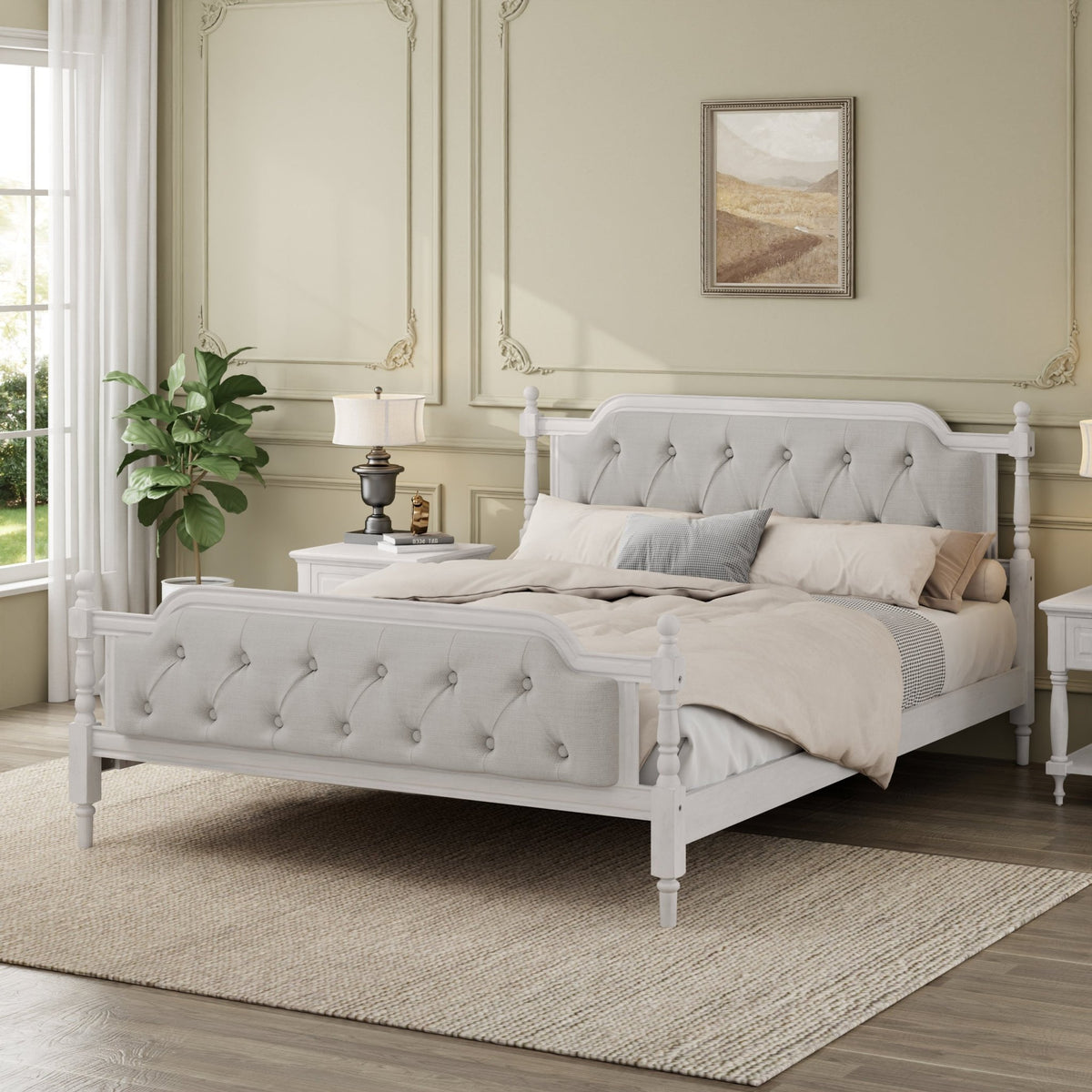 Antique white king bed frame with linen tufted headboard, showcasing elegant, vintage-style bedroom furniture by Anthony & Home