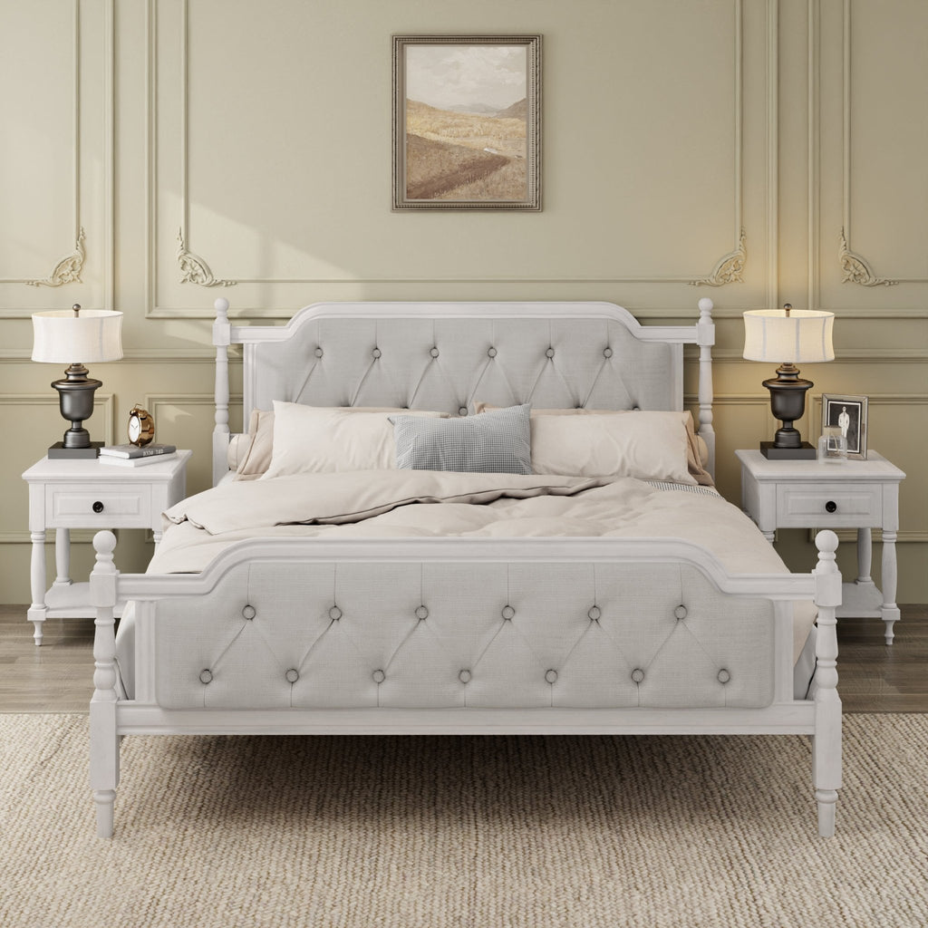 Antique white king bed frame with linen tufted headboard from Anthony & Home, showcasing elegant fabric upholstery and classic style.