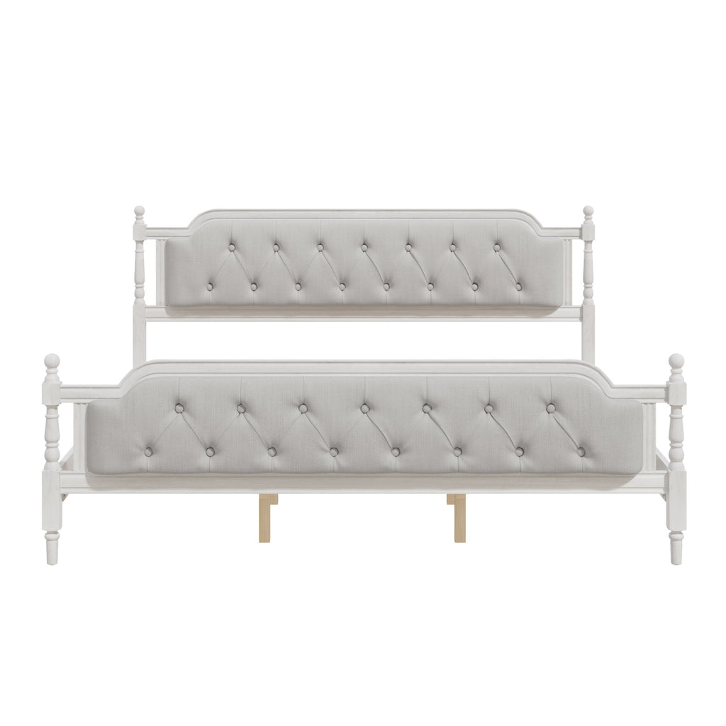 Antique white king bed frame with linen tufted headboard and wooden legs, stylish bedroom furniture by Anthony & Home