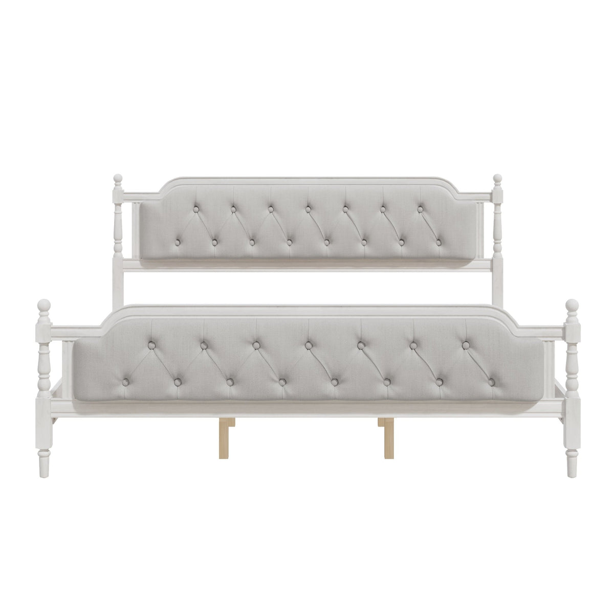 Antique white king bed frame with linen tufted headboard and wooden legs, stylish bedroom furniture by Anthony & Home