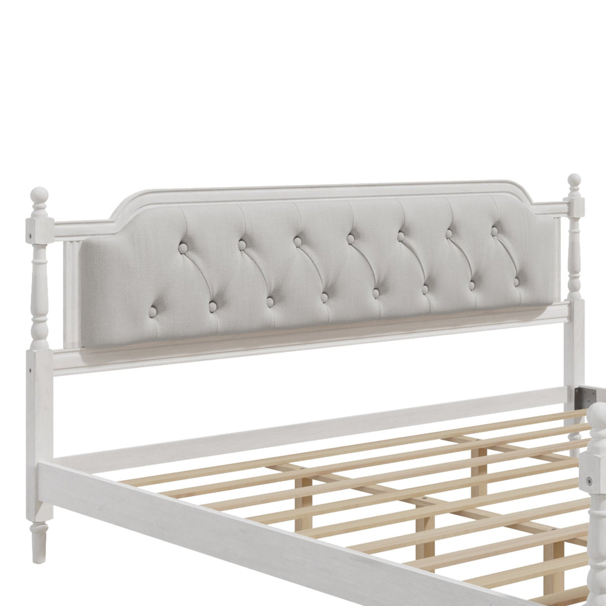 Antique white king bed frame with linen tufted headboard and wooden legs, designed for a classic bedroom style.