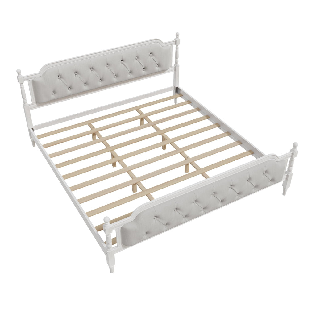 Antique white king bed frame with linen tufted headboard, showcasing elegant upholstery and classic design from Anthony & Home.