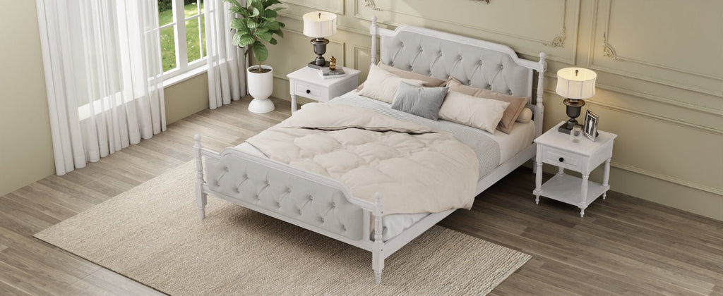 Antique white king bed frame with linen tufted headboard, elegant bedroom furniture from Anthony & Home.