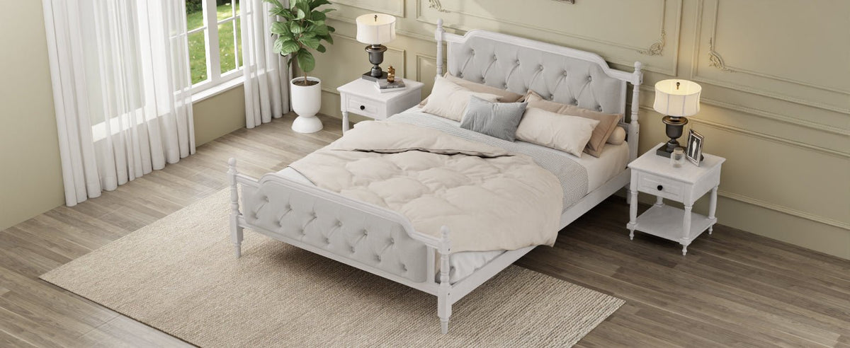 Antique white king bed frame with linen tufted headboard, elegant bedroom furniture from Anthony & Home.