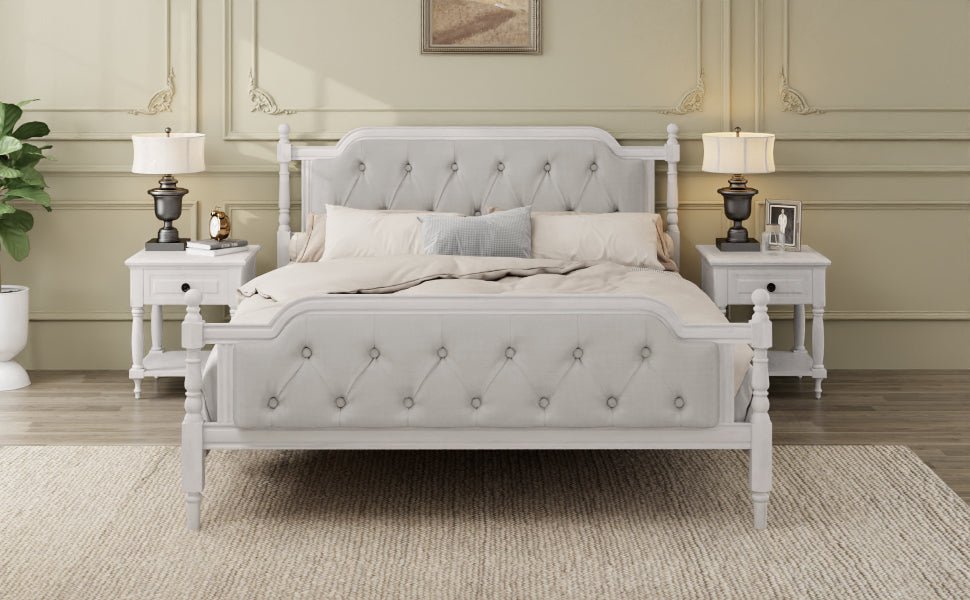 Antique white king bed frame with linen tufted headboard and wooden side rails, stylish and sturdy bedroom furniture by Anthony & Home.