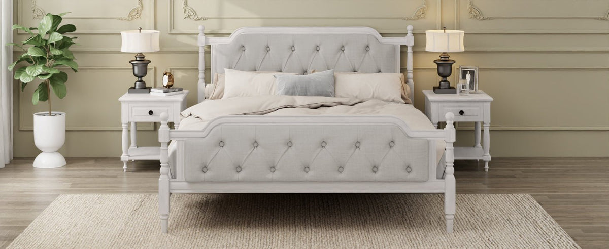 Antique white king bed frame with linen tufted headboard, showcasing elegant upholstery and classic design by Anthony & Home.