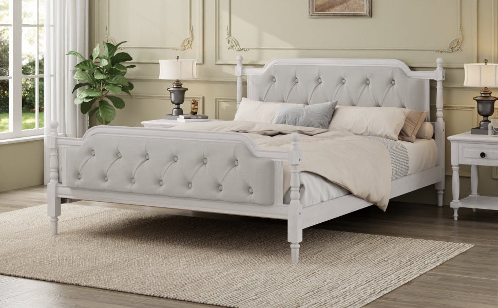 Antique white king bed frame with linen tufted headboard, showcasing elegant craftsmanship and soft fabric details.