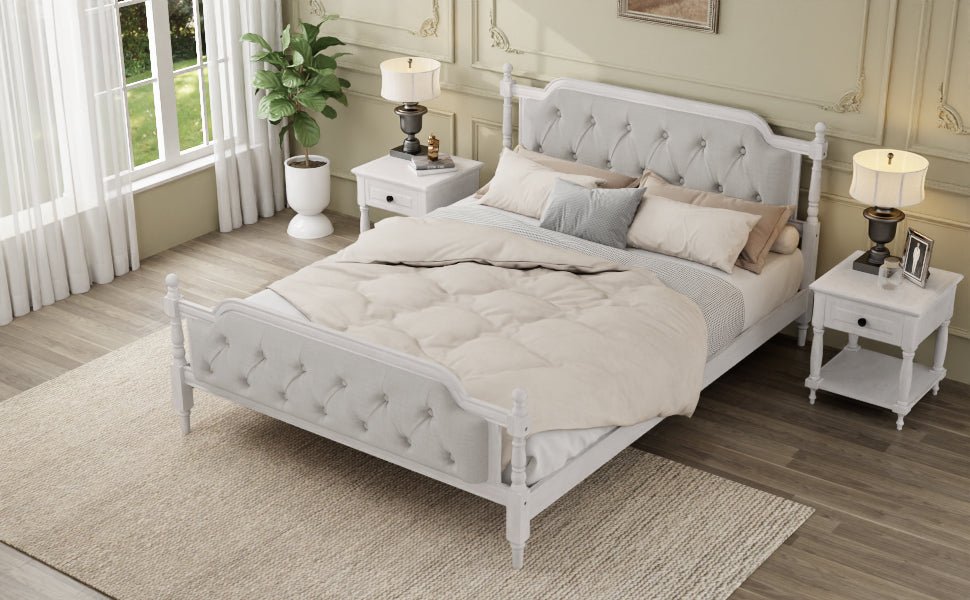 Antique white king bed frame with linen tufted headboard from Anthony & Home, showcasing elegant upholstery and classic design.