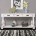 Antique white wood console table by Anthony & Home with 63-inch length, three drawers, bottom shelf, and easy assembly.