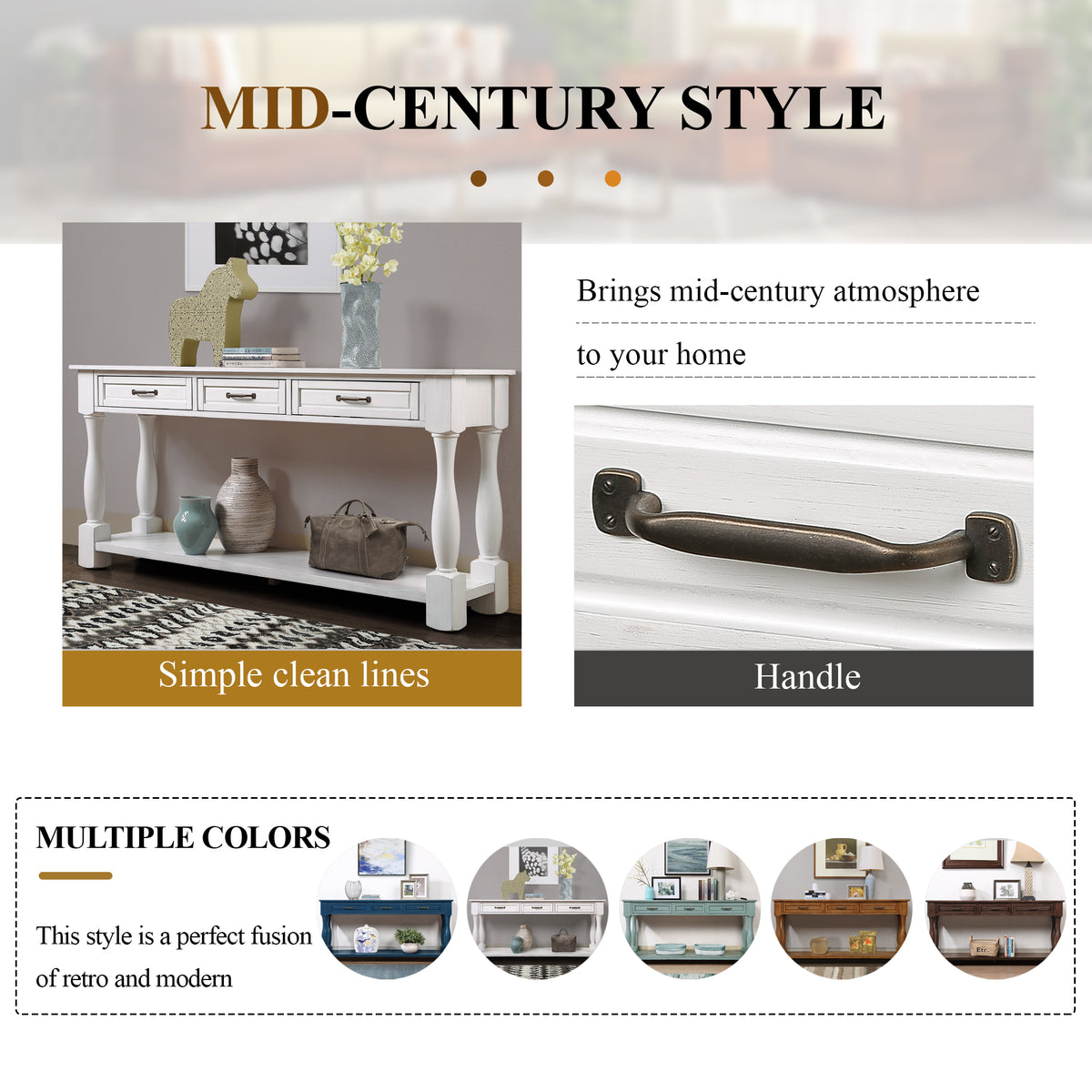 Antique white wood console table by Anthony & Home with 3 drawers, bottom shelf, 63-inch length, easy to assemble.