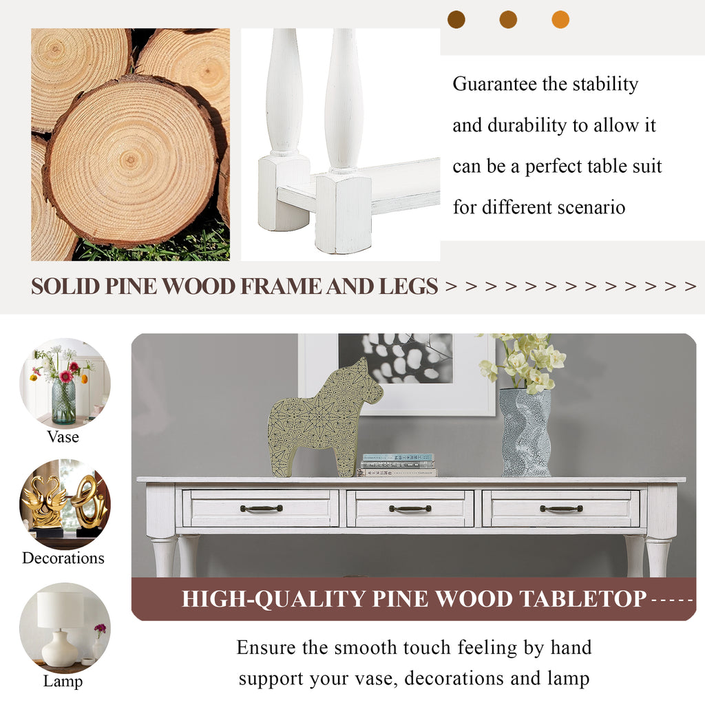Antique white wood console table by Anthony & Home with 63-inch length, three drawers, bottom shelf, and easy assembly.