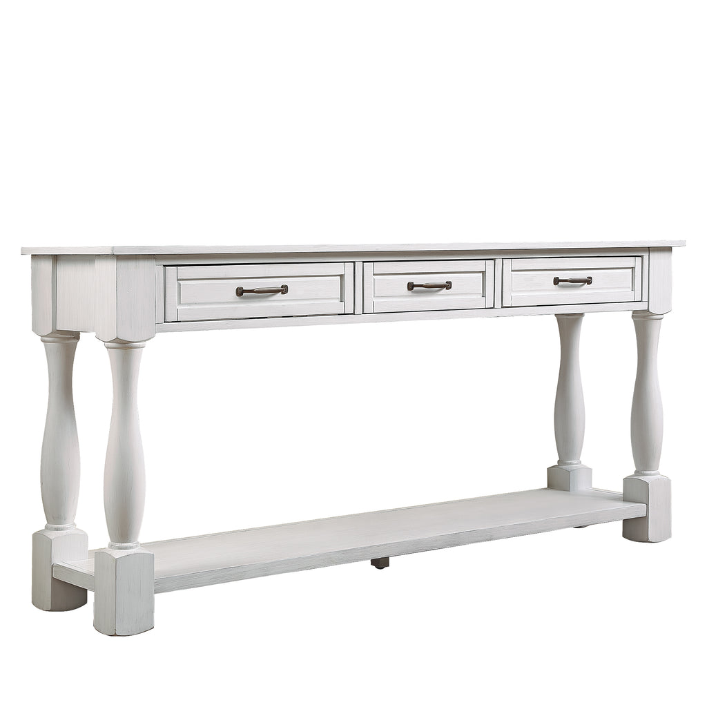 Antique white wood console table by Anthony & Home with 3 drawers, bottom shelf, and 63-inch length, easy to assemble.