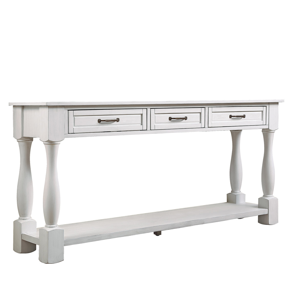 Antique white wood console table by Anthony & Home with 3 drawers, bottom shelf, and 63-inch length, easy to assemble.