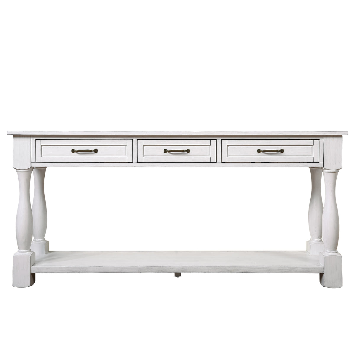 Antique white wood console table by Anthony & Home with 63-inch length, three drawers, bottom shelf, and easy assembly.
