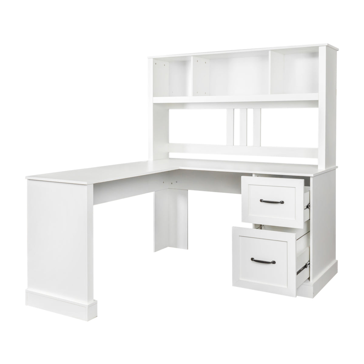 Antiqued white Anthony & Home desk with hutch, featuring a vintage-style workspace with storage and open shelving.