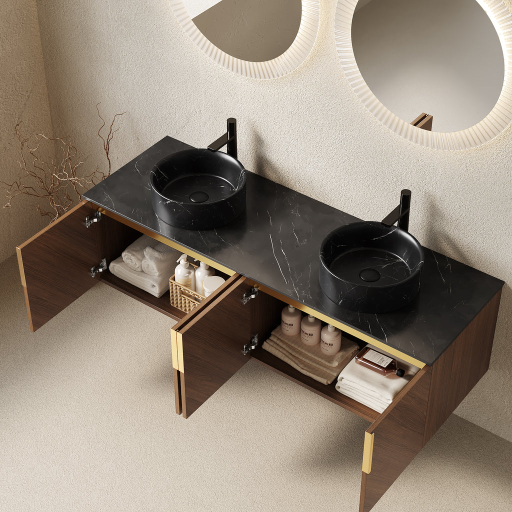 Anthony & Home Arai Atelier 60-inch wall-mounted vanity with black round basins, four doors, and black sintered stone countertop.