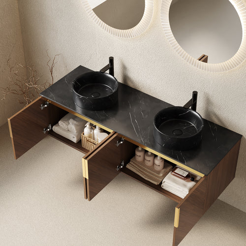 Arai Atelier 60-inch wall-mounted vanity by Anthony & Home with four doors, black round basins, and black sintered stone countertop.