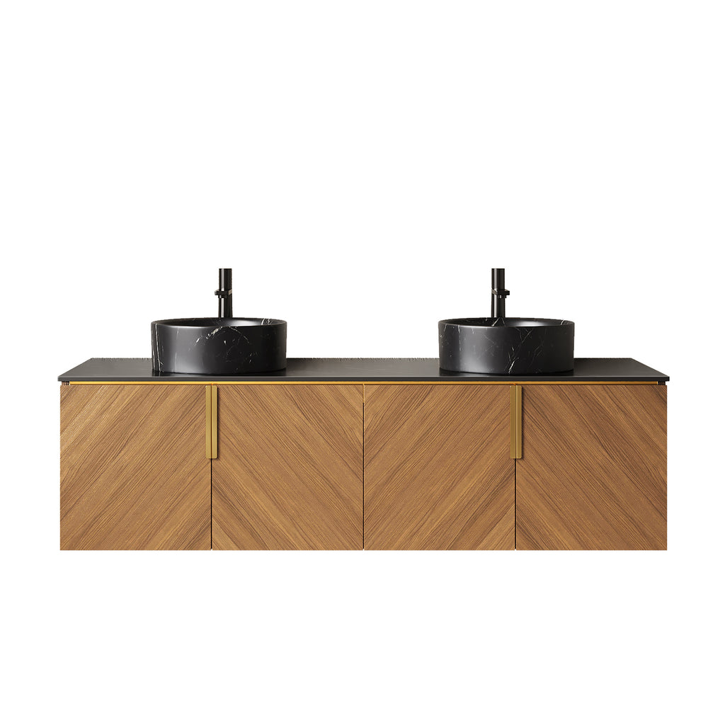 Anthony & Home Arai Atelier 60-inch wall-mounted vanity with black round basins, four doors, and black sintered stone countertop.