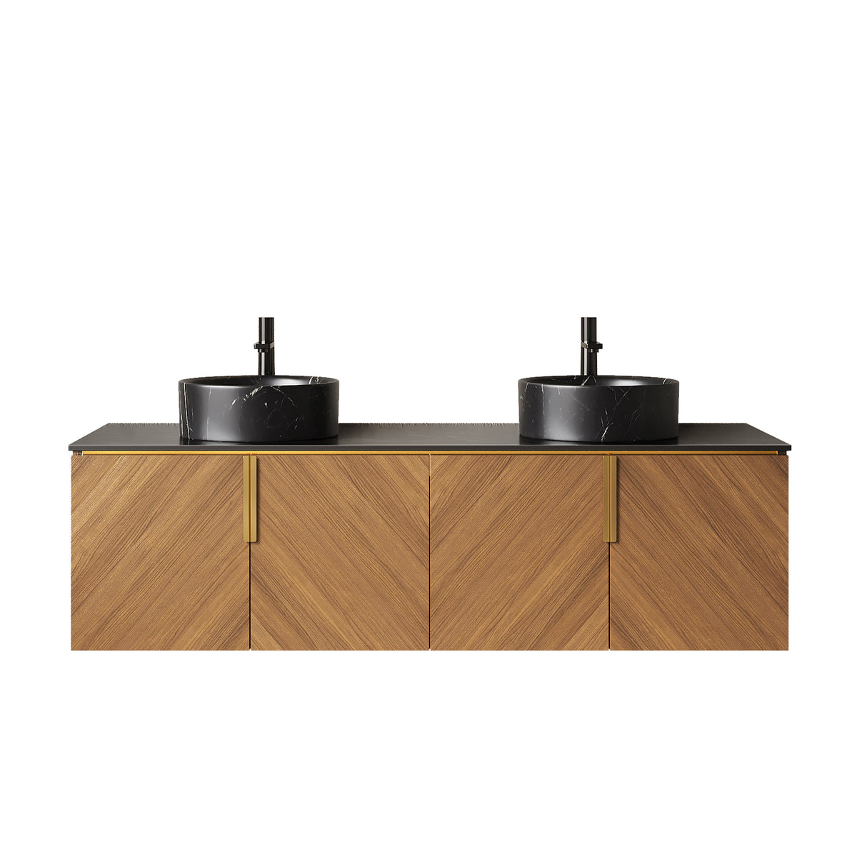 Anthony & Home Arai Atelier 60-inch wall-mounted vanity with black round basins, four doors, and black sintered stone countertop.