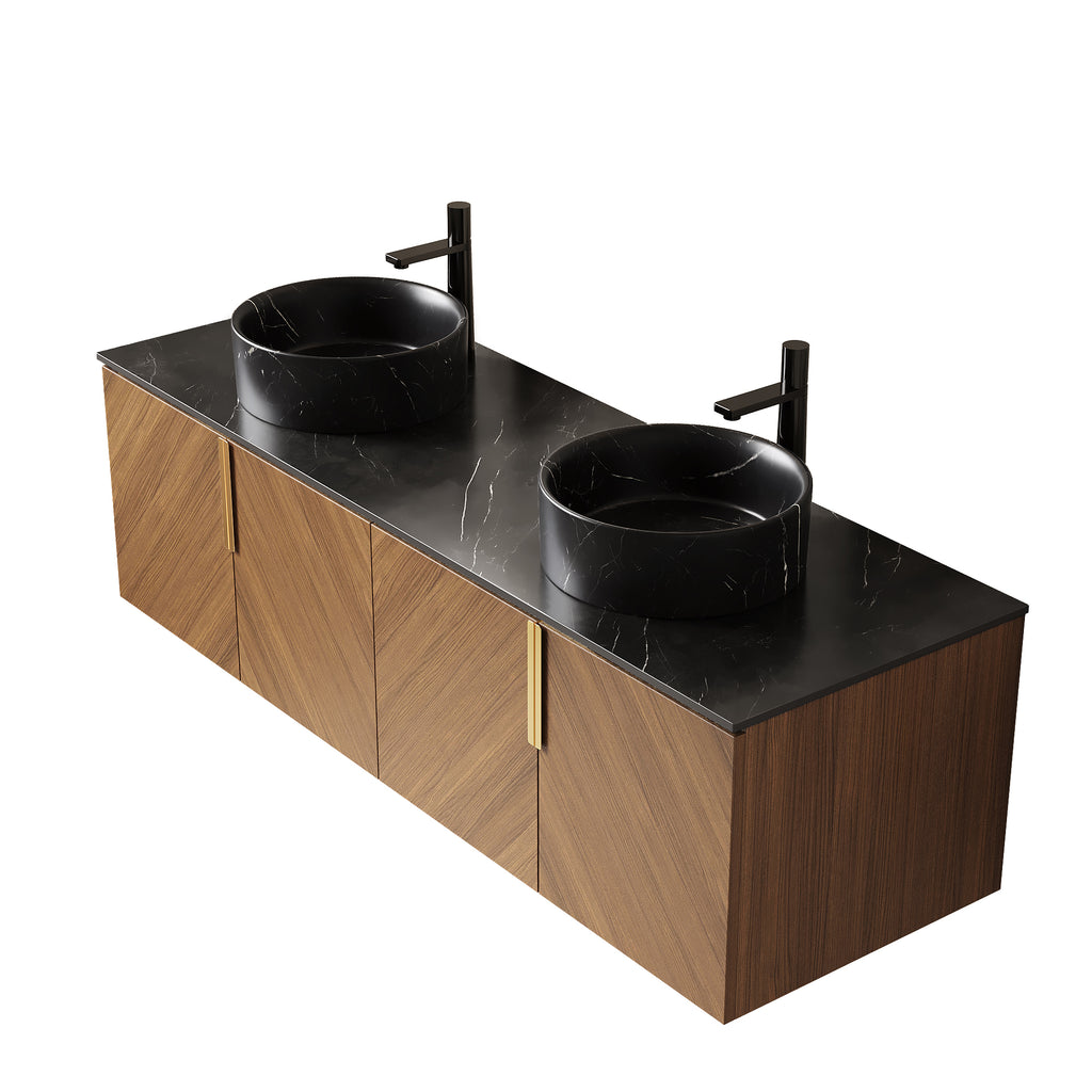 Arai Atelier black wall-mounted vanity by Anthony & Home with four doors, round black basins, and sintered stone countertop.