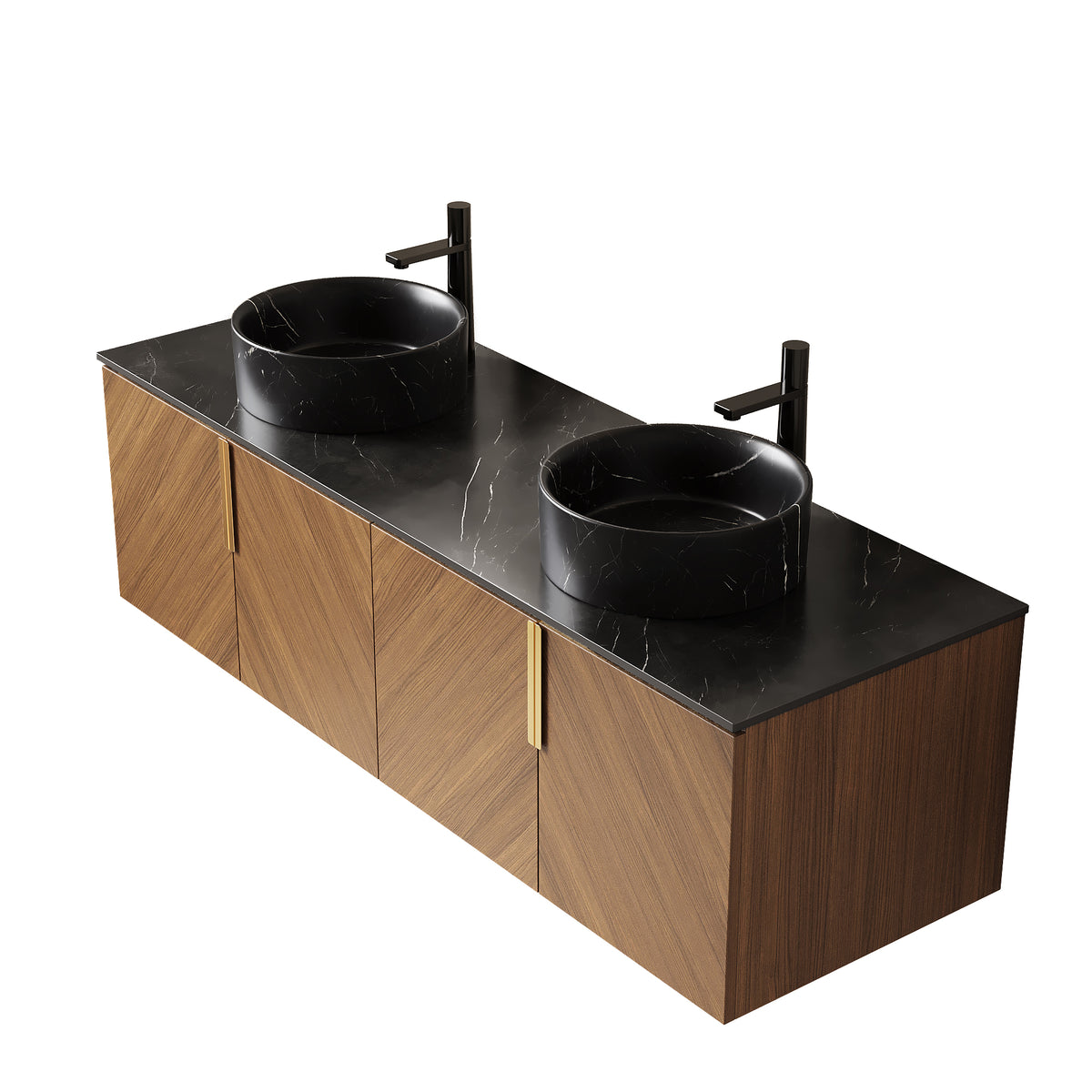 Arai Atelier black wall-mounted vanity by Anthony & Home with four doors, round black basins, and sintered stone countertop.