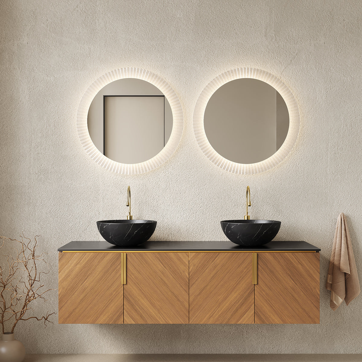 Arai floating bathroom vanity by Anthony & Home featuring a black sintered stone countertop and sleek modern design.