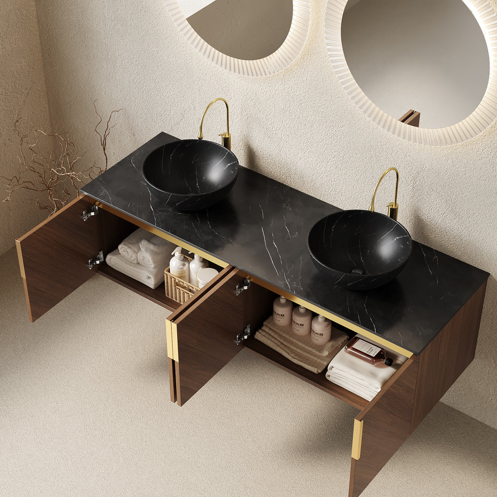 Arai floating bathroom vanity by Anthony & Home featuring a sleek black sintered stone countertop and modern design