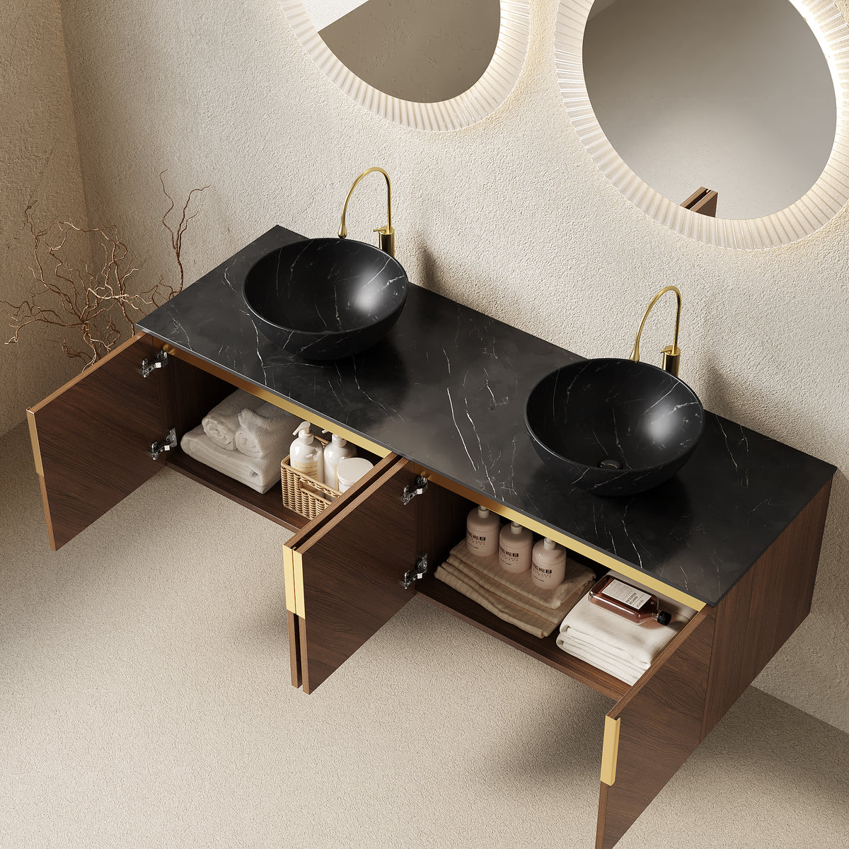 Arai floating bathroom vanity by Anthony & Home featuring a sleek black sintered stone countertop and modern design